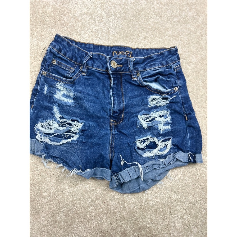 Rue21 Shorts Women's Blue Size 8 Distressed Denim Stretch High Rise
